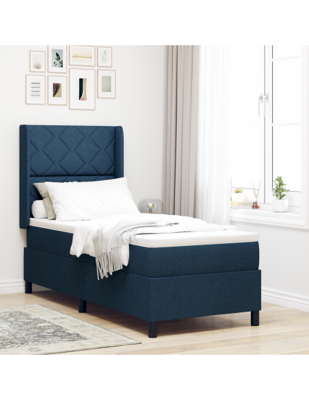 Letto Box Spring con Materasso e LED Blu 90x190 cm in Tessuto
