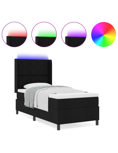 Letto con box spring e materasso LED nero 90x200 cm in tessuto