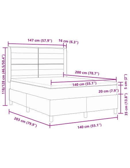 Letto Box Spring con Materasso e Luce LED Grigio Chiaro 140x200 cm Tessuto