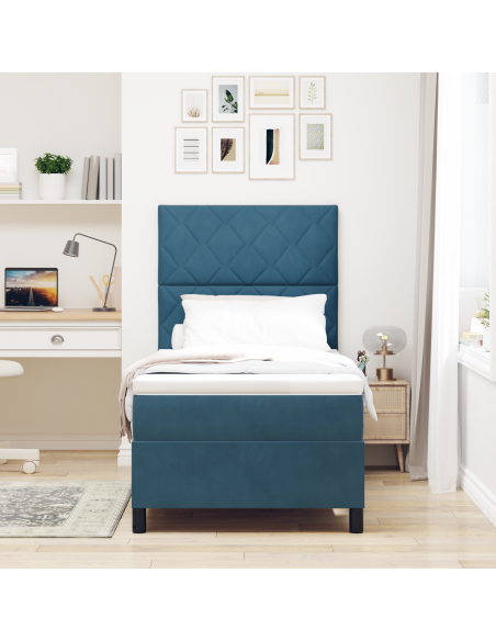 Letto a box spring con materasso e LED blu scuro 90x200 cm in velluto