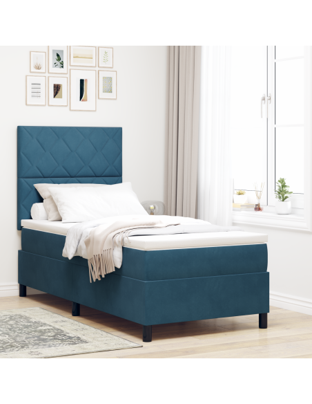 Letto a box spring con materasso e LED blu scuro 90x200 cm in velluto
