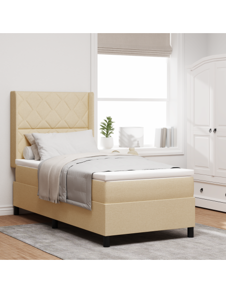 Letto Box Spring  con Materasso Crema 100x200 cm in Tessuto