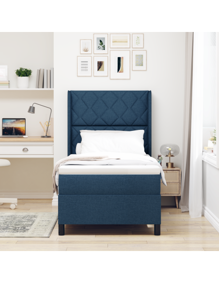 Letto a Molle con Materasso Blu 100x200 cm in Tessuto
