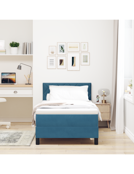 Letto con rete a molle con materasso e LED blu scuro 90x200 cm in velluto