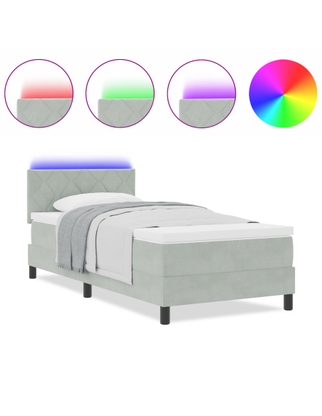 Letto a Rete con Materasso e Luce LED Grigio Chiaro 90x200 cm Velluto