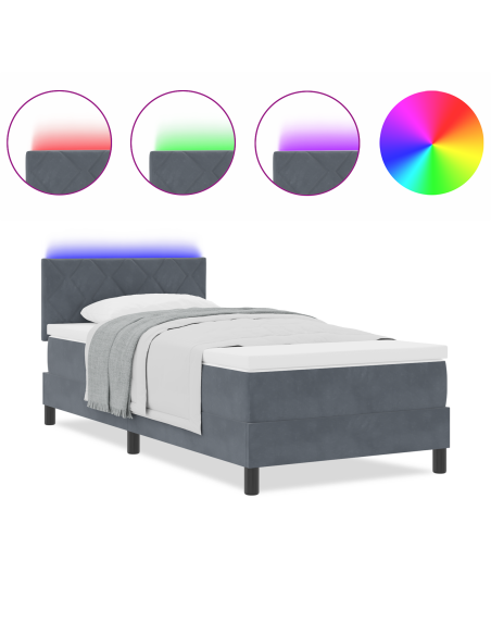 Struttura letto a molle con materasso e LED grigio scuro 90x200 cm in velluto