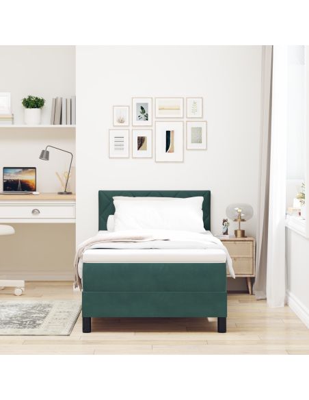 Letto Box Spring con Materasso e LED Verde Scuro 90x200 cm Velluto
