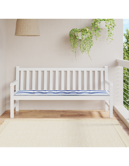 Cuscino da panca da giardino a righe blu e bianche 180x50x4 cm in tessuto Oxford