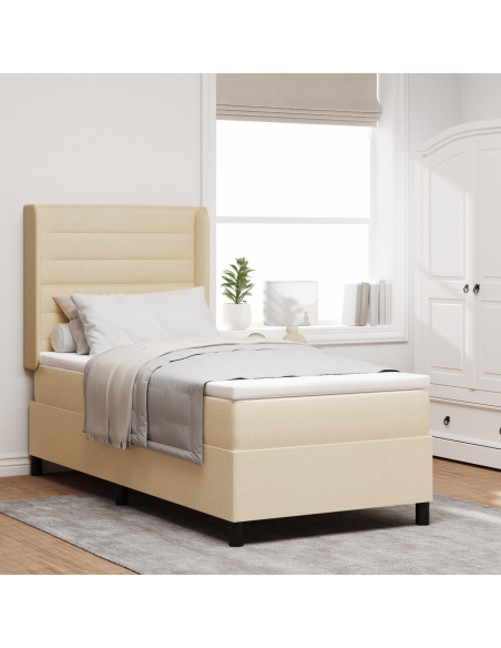 Letto Box Spring con Materasso e LED in Crema, 90x200 cm in Tessuto