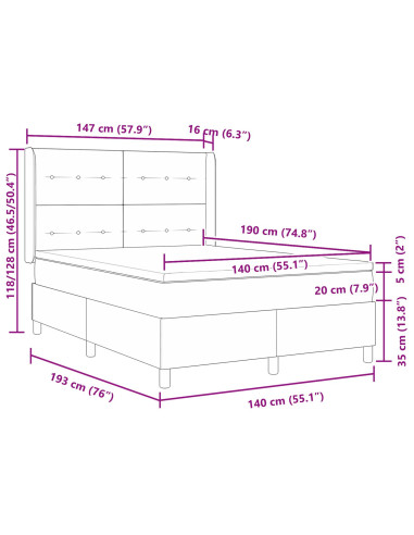 Letto a molle con testiera Grigio scuro 140 x 190 cm Velluto