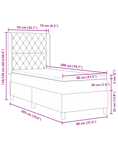 Letto a molle con materasso Grigio chiaro 80 x 200 cm Velluto
