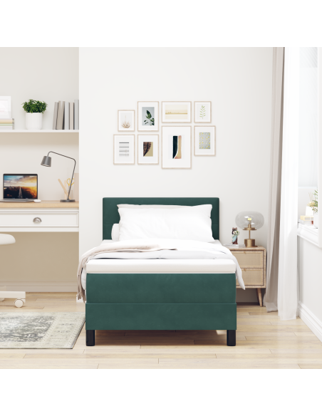 Letto Box Spring con Materasso & LED Verde Scuro 100x200 cm in Velluto