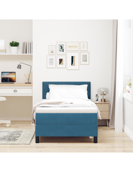 Letto Box Spring con Materasso e LED Blu Scuro 100x200 cm Velluto