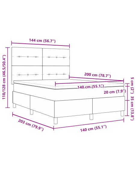 Letto a Sorgente LED Grigio scuro 140 x 200 cm Tessuto