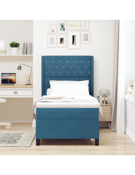 Letto con Rete a Molle e Materasso & LED Blu Scuro 90x190 cm in Velluto