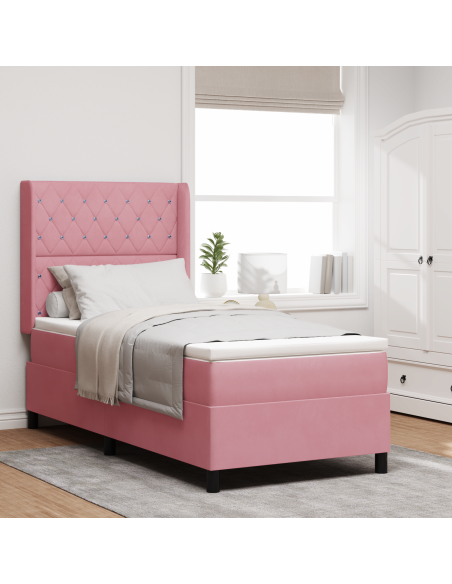 Letto Box Spring  con Materasso e LED Rosa 90x190 cm in Velluto