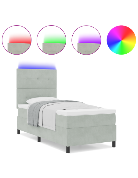 Letto Box Spring con Materasso e Luce LED Grigio Chiaro 90x190 cm Velluto