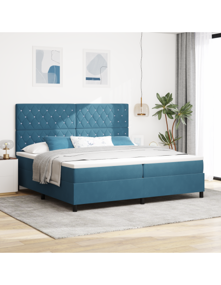 Letto a box spring  con materasso e LED blu scuro 200x200 cm in velluto