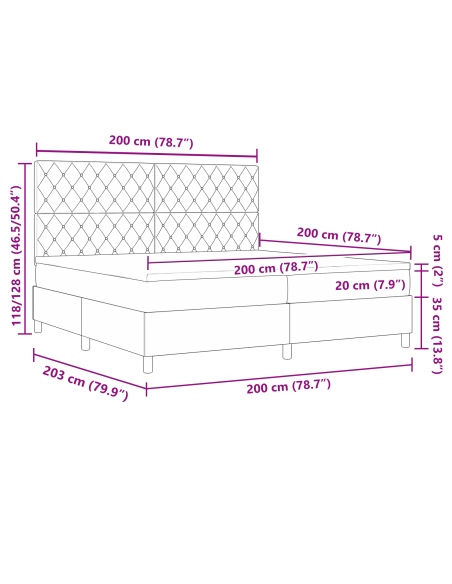 Letto a box spring  con materasso e LED blu scuro 200x200 cm in velluto