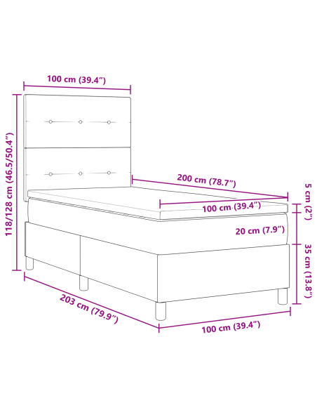 Letto a Box Spring con Materasso e LED Grigio Scuro 100x200 cm Velluto