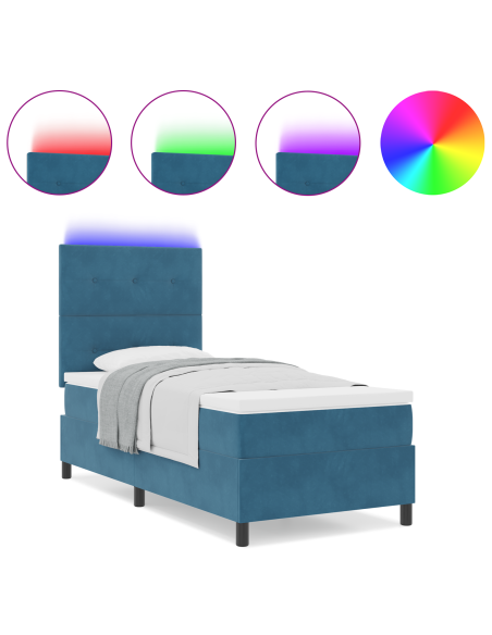 Letto Box Spring con Materasso e LED Blu Scuro 100x200 cm Velluto