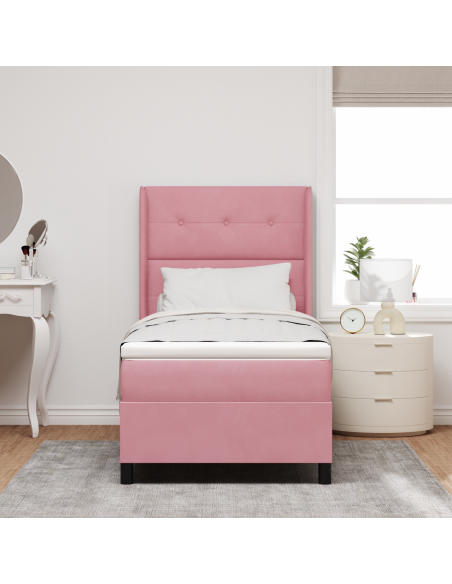 Letto Box Spring  con Materasso e LED Rosa 90x200 cm in Velluto