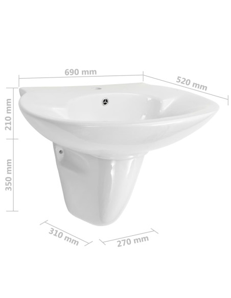 Lavabo a Parete in Ceramica Bianco 690x520x210 mm