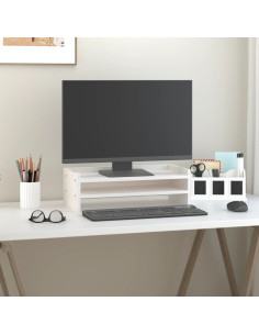 Supporto per Monitor Bianco 50x24x16 cm Legno Massello di Pino 2
