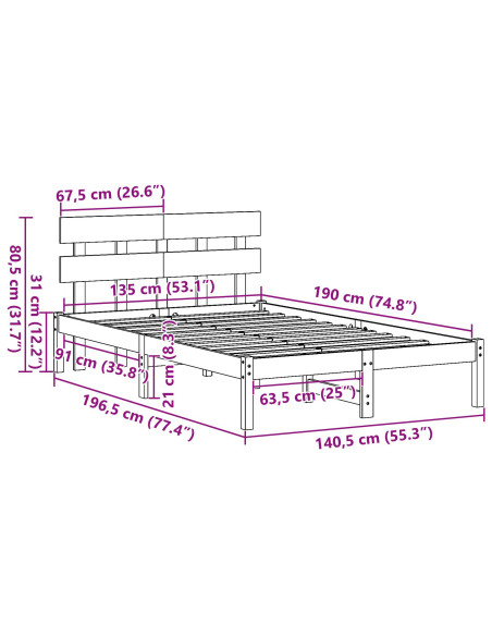 Struttura Letto con Testiera 135x190 cm Legno Massello di Pino