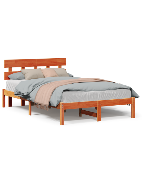 Struttura Letto con Testiera Marrone Cerato 135x190 cm Legno Massiccio di Pino