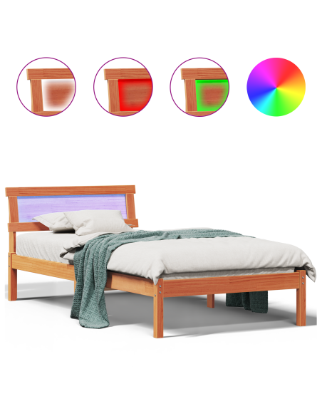 Struttura letto con testata e LED marrone cerato 100x200 cm legno massello di pino