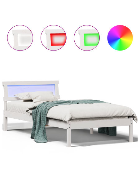 Struttura letto con testata e LED Bianca 90x200 cm Legno massello di pino