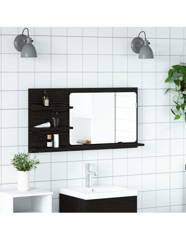 Mobiletto con Specchio per Bagno Rovere Nero 90x11x45 cm in Legno Massello