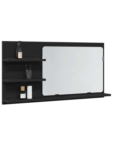 Mobiletto con Specchio per Bagno Rovere Nero 90x11x45 cm in Legno Massello