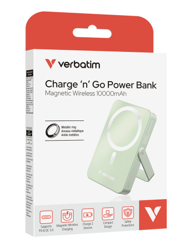 Verbatim Charge 'n' Go Magnetic Wireless Polimeri di litio (LiPo) 10000 mAh Carica wireless Verde