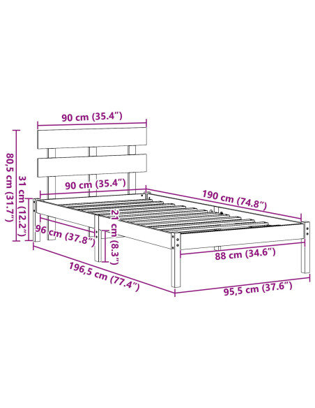 Struttura Letto con Testiera 90x190 cm Legno Massello di Pino