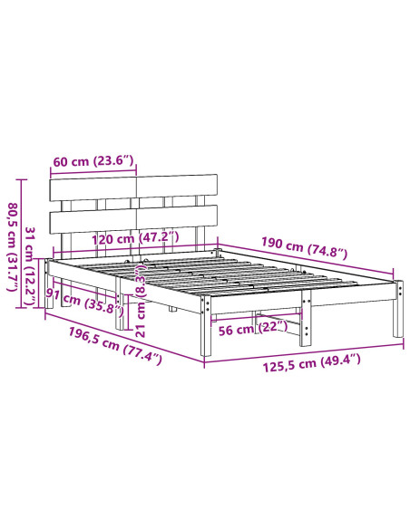 Struttura letto con testiera 120x190 cm Legno massello di pino