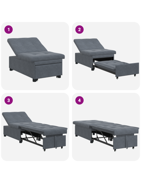 Divano Letto 3-in-1 Design Estraibile Velluto Grigio Scuro