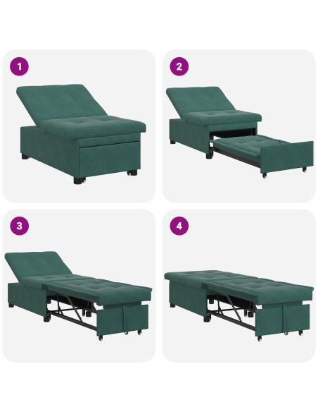 Divano letto design 3-in-1 estraibile in velluto verde scuro