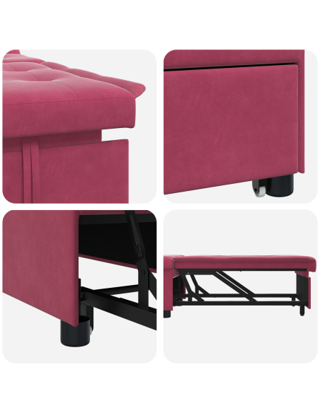 Divano Letto 3 in 1 Estrattore Rosso Vino Velluto