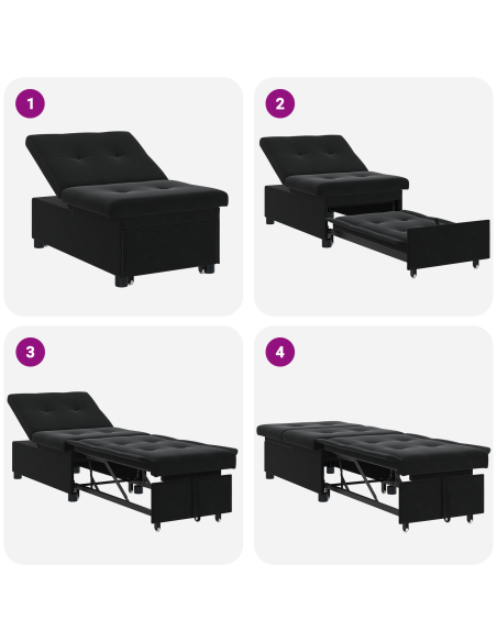 Divano Letto 3-in-1 Velluto Nero Estraribile