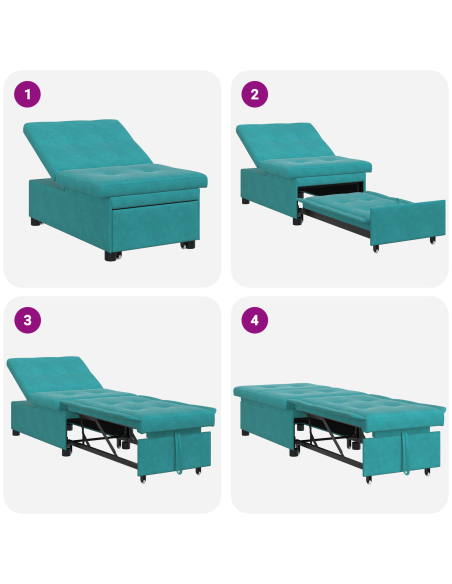 Divano Letto 3-in-1 Design Estraibile Turchese in Velluto
