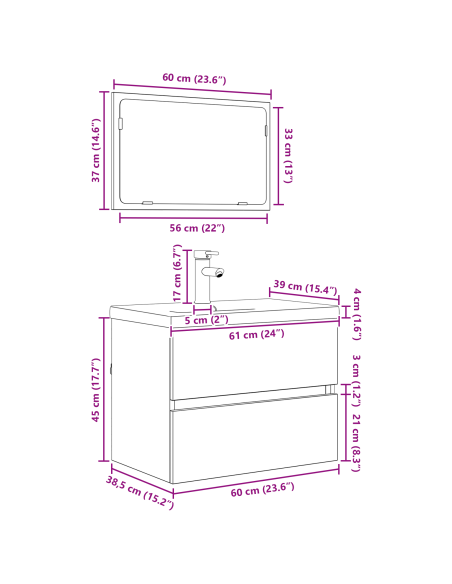 Set di mobili per il bagno 3 pcs Legno antico 60 x 38.5 x 45 cm