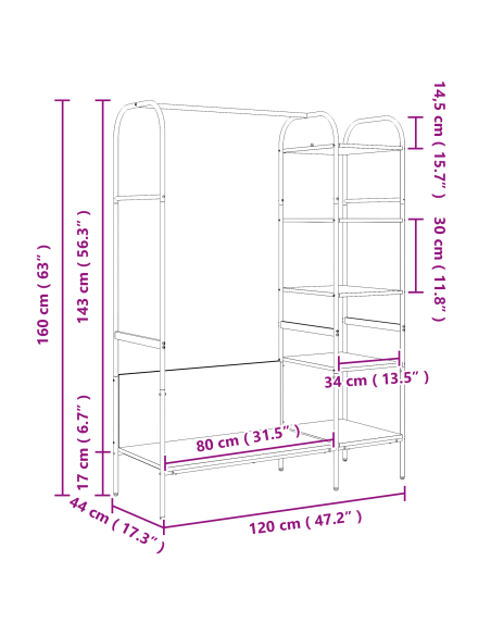 Stand per vestiti con ripiani Grigio Sonoma 120x44x160 cm Legno ingegnerizzato