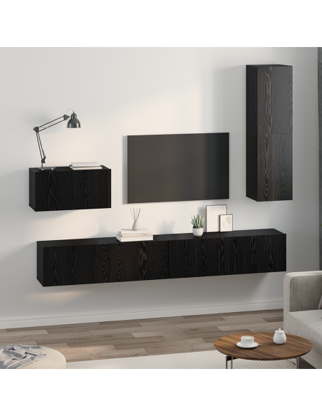 Mobile TV da Parete 4 pcs Rovere Nero Legno multistrato