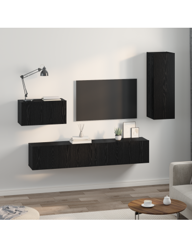 Mobile TV da Parete 4 pcs Rovere Nero Legno multistrato