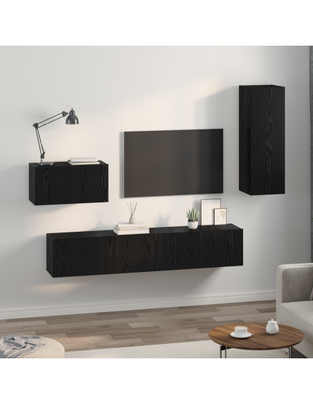 Mobile TV da Parete 4 pcs Rovere Nero Legno multistrato