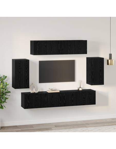 Mobile TV da Parete 6 pcs Rovere Nero Legno multistrato