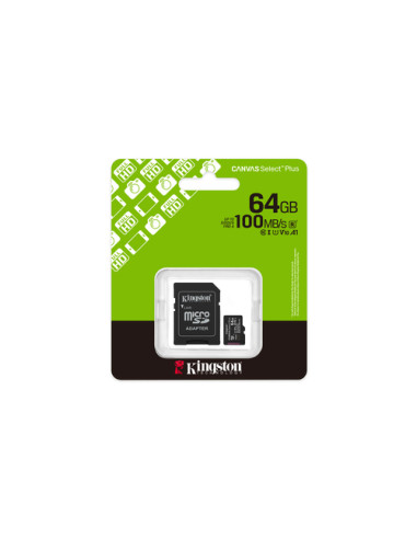 Kingston Technology 64GB microSDXC Canvas Select Plus Gen3 100MB/s A1 (Adattatore SD incluso)
