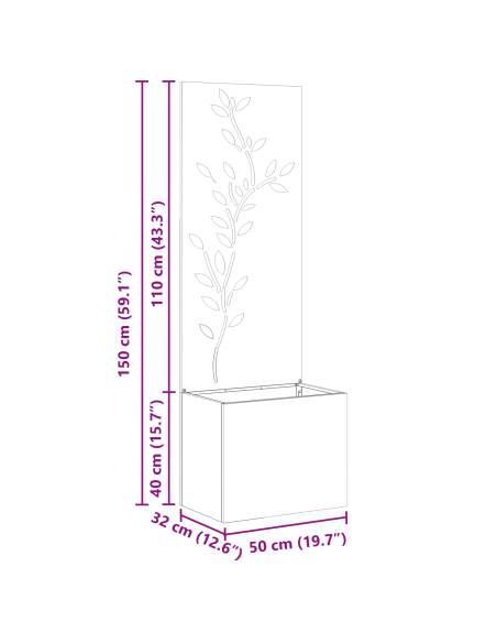 Vaso da Giardino con Pannello Decorativo Ruggine 50 x 140 cm